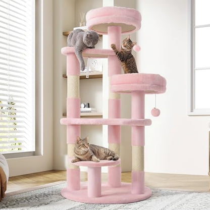 Allewie 55.5 in Cat Tree for Indoor Kitties/Soft Plush Perches/Multi-Level Cat Tower/Sisal Scratching Posts/Crescent Plates/Round Jumping Board/Hanging Ball/Pet Activity Center/Pink by Allewie