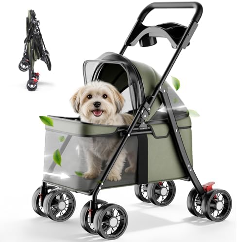 GTPLAYER Foldable Pet Stroller for Small Dogs and Cats, Hold Up to 33 lb, 4-Wheel Stroller with 2 Safety Tethers, Breathable Mesh, Lockable Front Wheels, Cup Holder/Tray & Storage Pocket, Forest Green by GTPLAYER