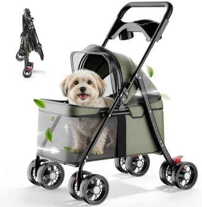 GTPLAYER Foldable Pet Stroller for Small Dogs and Cats, Hold Up to 33 lb, 4-Wheel Stroller with 2 Safety Tethers, Breathable Mesh, Lockable Front Wheels, Cup Holder/Tray & Storage Pocket, Forest Green by GTPLAYER