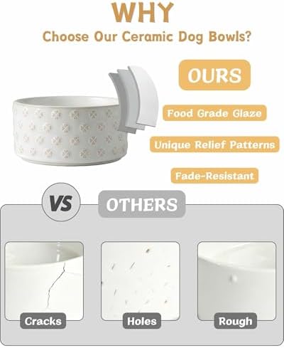 TRUVIC Ceramic Dog Bowl with Wood Stand, Jun Blanc Four-Leaf Clover Relief Dog Food and Water Bowl, 2 Cup/14 oz Puppy Food Bowl for Medium Dogs, Dishwasher Safe, Modern Geometric, Four-Leaf Clover - Image 3