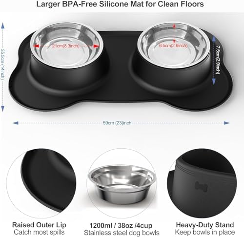 AsFrost Dog Food Bowls Stainless Steel Dog Bowls with No Spill Non-Skid Silicone Mat, Dog Food and Water Bowl Set, Dog Dishes for Small Medium Large Sized Dogs Pet Food Feeding Bowls, 4 Cup, Black - Image 2