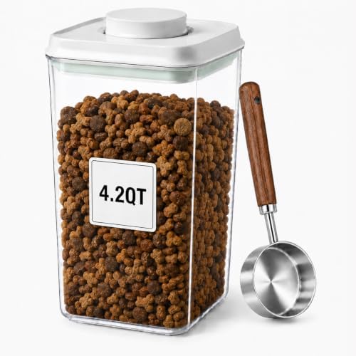 Pet Dog-Cat Airtight Food Storage-Container - 4.2Qt/4L jar with lid and 1/4Cup scoop | Holds 3–5 pounds of dry pet food | BPA-Free by USYOGO