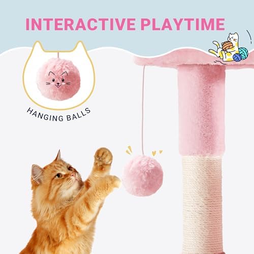 Allewie 29 Inches Cat Tree Tower/Plush Perches Platform/Condo/House/Sisal Scratching Posts/Multi-Level Activity Center Furniture for Kittens/Pink - Image 5
