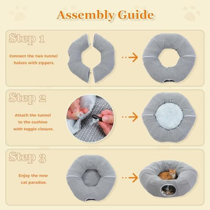 PEQULTI Grey Donut Cat Tunnel Bed Washable Plush Mat Multi for Small Pets - Image 5