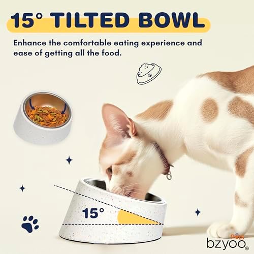 bzyoo 16oz Tilted Dog Bowl for Small Dogs & Cats, 15° Elevated Stainless Steel Pet Feeder, Ergonomic Anti-Vomiting Food Bowl for Frenchie, Pug, Persian Cat, Non-Skid Melamine Stand, Sprinkle (White) - Image 4