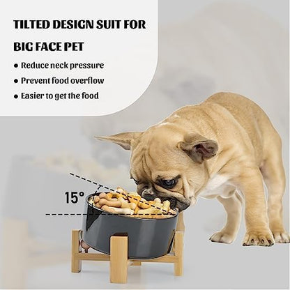 SPUNKYJUNKY 15° Slanted Ceramic Dog and Cat Bowl with Wooden Stand, Tilted Bulldog Food and Water Bowl No Slip Non-Spill for Cats Medium Dogs Big Face Pets 28.7 OZ (3.6 Cups, Starry Blue) - Image 3