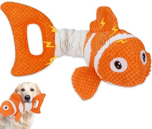 Squeaky Clownfish Dog Toy, Plush Crinkle Tug Toy with Handle by Molantaule