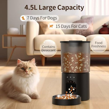 Automatic Cat Feeder, 4.5L Easy Install Pet Food Dispenser, 1080P HD Camera, 5GWIFI with Night Vision, Motion Alarm, Stainless Steel (Black) - Image 2