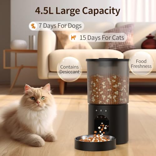 Automatic Cat Feeder, 4.5L Easy Install Pet Food Dispenser, 1080P HD Camera, 5GWIFI with Night Vision, Motion Alarm, Stainless Steel (Black) - Image 2