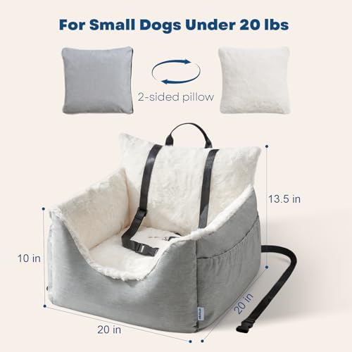 Milk and Soda Small Dog Car Seat Bed for Small Dogs Under 20 LBS with 2-Sided Pillow, Side Pockets, Built-in Leash, Machine Washable Cover, Light Gray (Gray, Small) - Image 2