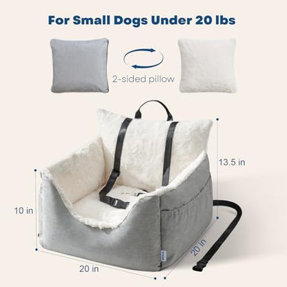 Milk and Soda Small Dog Car Seat Bed for Small Dogs Under 20 LBS with 2-Sided Pillow, Side Pockets, Built-in Leash, Machine Washable Cover, Light Gray (Gray, Small) - Image 2