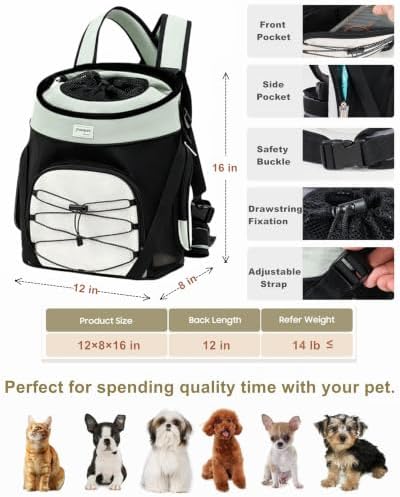 Pet Dog Carrier Backpack Small Dog Medium Cats Front Backpack with Storage Pockets,Adjustable Straps,Ventilated for Hiking Camping Travel,Max 14 lbs (Light Green) - Image 2