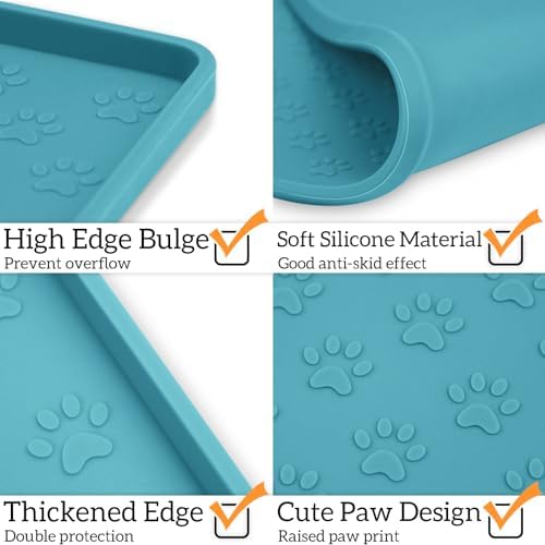 2 Pack Dog Food Mat Anti-Slip Bowl Mats for Food and Water, Waterproof Silicone Pet Placemat with High Raised Edges, Non-Slip Puppy Feeding Tray for Small, Medium Large Cats Dogs, Blue, 11.8"x11.8" - Image 3