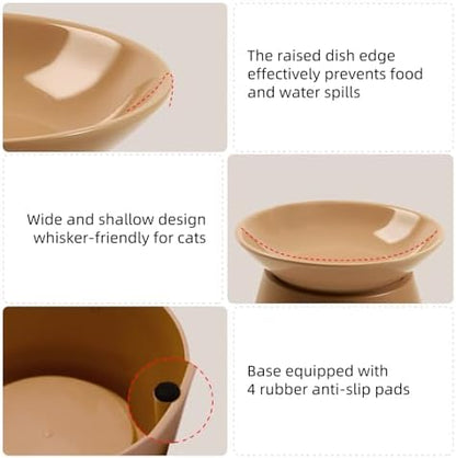 MS!MAKE SURE Cat Food Bowls Elevated - Ceramic Cat Water Bowls Whisker Friendly with Stand Tilted Non Slip Flat Detachable Anti Vomiting for Indoor Cats Milk Tea - Image 3