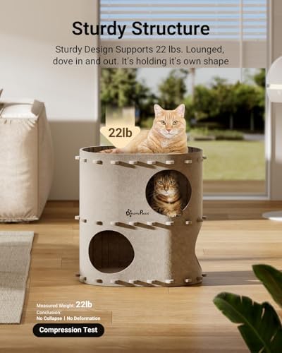 DownyPaws Cat House for Indoor Cats, 2-Storey Cat Bed Cave, Cream - Image 5