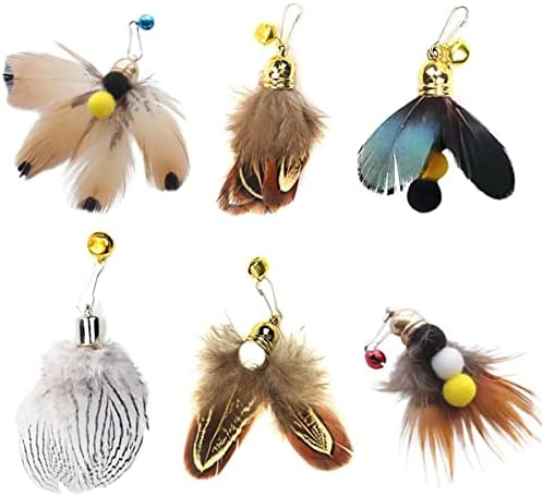 Cat Insect Feather Toys Replacement Cat Toy Wand Refills, 6 Pieces Natural Insect Cat Toy Feathers Refill, Interactive Cat Teaser Wand Attachments, with Bell by WelcometoHokoad