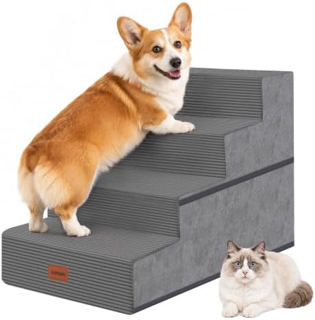 Dog Stairs for Small Dogs, 18" H, 4-Step Pet Steps for Bed Couch Sofa and Chair, Non-Slip Balanced Pet Ramp for Injured & Senior Pets with Washable Cover and Durable High Density Foam, Grey by NAPWAYS