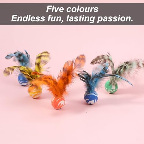 Cat Bouncy Ball with Feathers - 5 Pack Interactive Cat Feather Toys for Indoor Cats, Rubber Kitten Fetch Chase Toy for Interactive Exercise & Hunting Play - Image 5