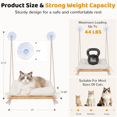 Cat Window Perch Hammock with Upgraded 4 Suction Cups Soft Cushion Wood Bed - Image 3