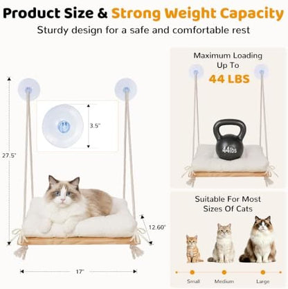 Cat Window Perch Hammock with Upgraded 4 Suction Cups Soft Cushion Wood Bed - Image 3