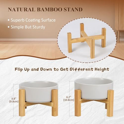 Elevated Ceramic Cat Bowl - Cat Food Bowl with Bamboo Stand - Raised Dog Dish for Puppies - Anti Vomiting, Stress Free - 13.5 oz / 400 ml - White - Image 5