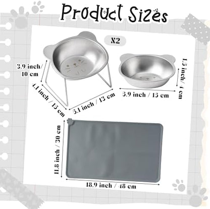 Elevated Cat Bowl with Food Mat - 2 Pack 15°Tilted Stand Raised Bowl, Stainless Steel Whisker Friendly Anti Vomiting Food Water Dishes, Silicone Feeding Mat for Cats Puppy Kitten Small Dog - Image 2