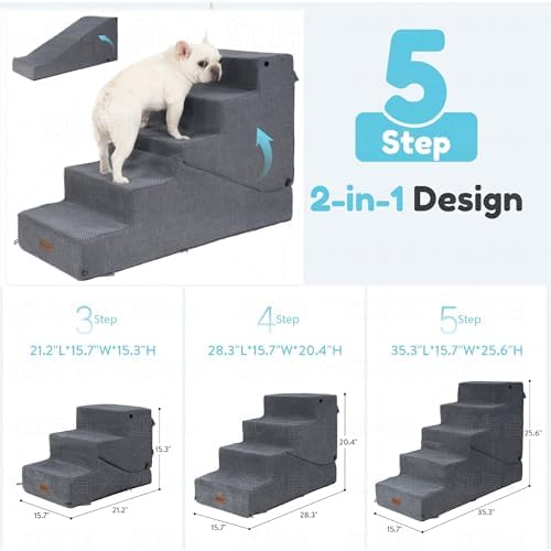 5-Step Dog Stairs and Ramp for Small Dogs and Cats, Pet Steps for High Bed with Non-Slip Bottom, Grey - Image 2