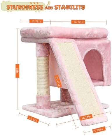 SYANDLVY Small Pink Cat Tree with Perch for Indoor Cats, Cat Tower with Scratching Post, Modern Activity House for Large Cats, Condo with Board, Kittens Cave - Image 3
