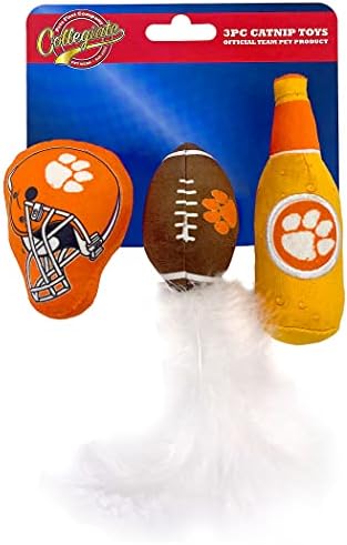 BEST PLUSH CAT TOY - NCAA CLEMSON TIGERS Complete Set of 3 piece Cat Toys filled with Fresh Catnip. Includes: 1 Helmet Cat Toy, 1 Football Cat Toy with Feathers & 1 Beer Bottle. Beautiful Team LOGOS by PETSFIRST