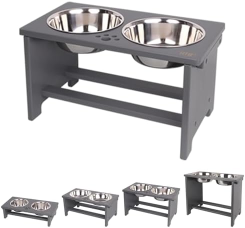 HTB Elevated Dog Bowl Stand with 2 Stainless Steel Bowls-10 H Large Grey by HTB