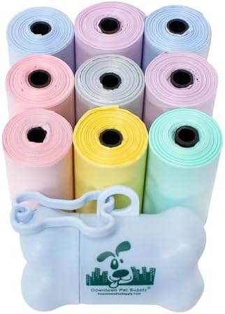 Downtown Pet Supply Unscented Poop Bags for Dogs with Dispenser, 180 Count - Leak-Proof Dog Waste Bags and Bone-Shaped Dog Poop Bags Holder for Leash - Pastel Rainbow, 12.5" x 8.5" by DowntownPetSupply