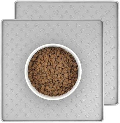 2 Pack Dog Food Mat Anti-Slip Bowl Mats for Food and Water, Waterproof Silicone Pet Placemat with High Raised Edges, Non-Slip Puppy Feeding Tray for Small, Medium Large Cats Dogs, Gray, 11.8"x11.8" by PTLOM