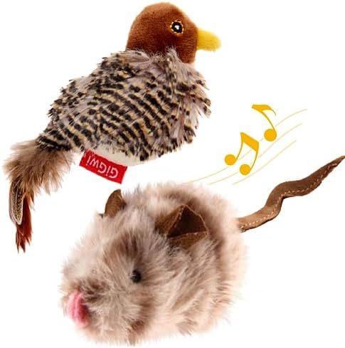 Gigwi Automatic Cat Toys Pack, Interactive Electronic Squeaky Animals Bird and Mouse, Plush Toys for Cats to Play Alone, 2 Pcs by gigwi