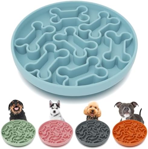 Silicone Slow Feeder Dog Bowl – Sky Blue Bone Pattern | Food-Grade Non-Slip Dog Dish for Anti-Bloat, Fast Eating Prevention, 7.5” x 1.5”, Dishwasher Safe by AXEFUN
