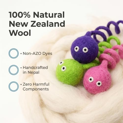 Glaciart One Felt Spring Cat Toy – 3 Pcs Soft Fuzzy Enrichment 100% Natural Wool - Interactive Stretchable Play Set - Safe for Pets, Non-AZO Colored Dyes - 4” Long - Image 4