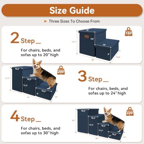 Zerbuger Dog Stairs with Storage, Navy Blue 4 Steps Dog Ramp no Condo - Image 2