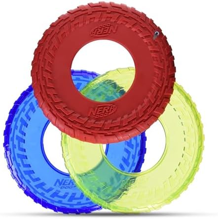 Nerf Dog Tire Flyer Dog Toy Gift Set, 10 Inch Flying Disc Dog Fetch Toys, Rubber Dog Toy for Medium Dogs and Large Dogs, Red, Translucent Green and Translucent Blue, 3 Count by GramercyProductsInc