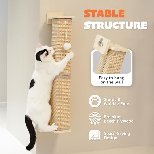 PETKARAY Wall Mounted Cat Scratcher, 30" Large Sisal Cat Scratcher for Wall, Square Sisal Cat Scratching Post with Toy Ball - Image 3