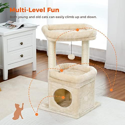 PEQULTI Small Cat Tree Tower for Indoor Cats, Sisal Post & Cozy Condo Beige - Image 5