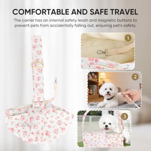 Small Dog Carrier Sling,Dog Slings for Small Dogs,Hand Free Dog Carrier Cat Sling for Outdoor Traveling Subway (Red Flower Adjustable) - Image 5