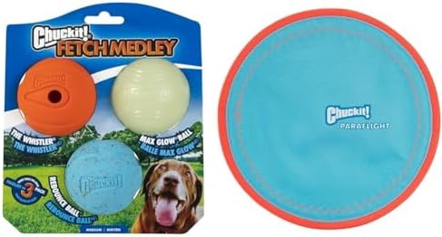 Chuckit! Fetch Medley Dog Ball Dog Toys, Medium (2.5 Inch) Pack of 3, for Medium Breeds & Paraflight Flying Disc Dog Toy, Large (9.75"), Orange and Blue by Unknown