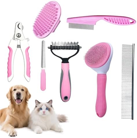 7PCS Dog Grooming Brush Kit for Shedding and Matted Fur, Self-Cleaning Slicker Brush with Undercoat Rake, Flea Comb for Long-Haired Pets, Pink by Unknown