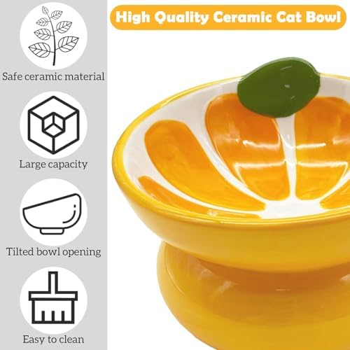 Hamiledyi Ceramic Raised Cat Bowls 15° Tilted Elevated Kitten Food Water Bowl Shallow Whisker Fatigue Kitty Dish Fruit Pet Feeding Bowls Feeder for Indoor Cats Small Dog (Yellow Orange) - Image 2