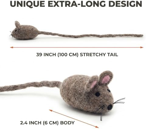 Glaciart One Felt Mouse Cat Toy – Soft Fuzzy Enrichment 100% Natural Wool - Interactive Catnip Play Cat Toy Set - Safe for Pets, Non-AZO Colored Dyes - 42” Long - Image 2