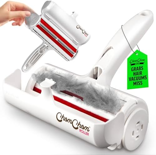 ChomChom Roller Pet Hair Remover – Original Size Reusable Lint Roller for Cat & Dog Hair on Furniture, Couch, Carpet, Car, Rugs & Bedding – Portable, Eco-Friendly (White) by ChomChomRoller
