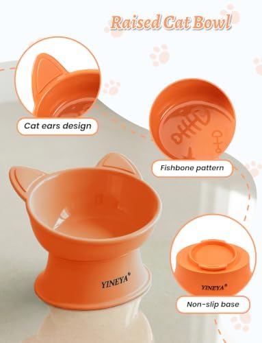 YINEYA Elevated Cat Bowls 2 Pcs, Cat Food Bowl to Protect Neck & Anti-Vomit, Whisker-Friendly Raised Food and Water Bowls Set for Indoor Cats/Small Dogs, Cute Pet Feeding Bowl 6 OZ Each, Orange&Green - Image 5