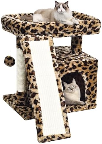 Small Leopard Print Cat Tree for Indoor Cats | Short Tower with Scratching Post, Ramp Pad, Condo with Perch Bed, Kittens Play House, Hanging Plush Ball & Cave for Resting (Leopard Print) by SIYIPURR