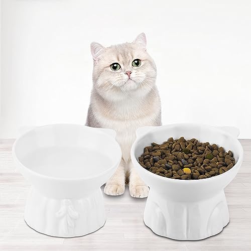 Elevated Cat Bowls 2-Pack, Ceramic Raised Cat Food & Water Dishes - Extra Wide & Shallow Whisker-Friendly Design, Anti-Vomit & Easy Digestion, Lead/Cadmium-Free, Microwave & Dishwasher Safe (White) - Image 7