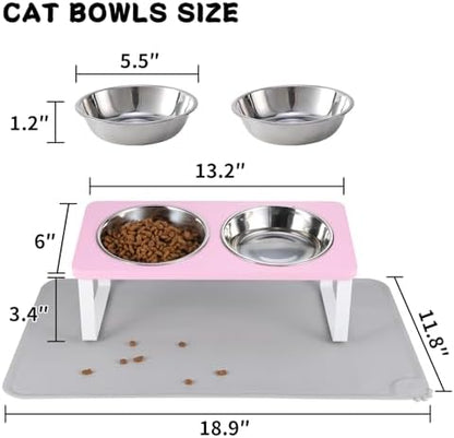 Summark Upgraded Elevated Cat Bowls with Food Mat,15°Tilted Stand Anti Vomiting Raised Cat Dishes for Food and Water,2 Stainless Steel Bowls for Cats and Puppy（Pink） - Image 5