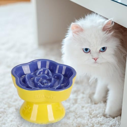 S&Q's CERAMICS Raised Slow Feeder Cat Bowl, Ceramic Elevated and Titled Pet Food Bowl, Small Dogs Slow Feeder, Flower Shaped Dish for Dry and Wet Food (Blue, 5.8") - Image 6